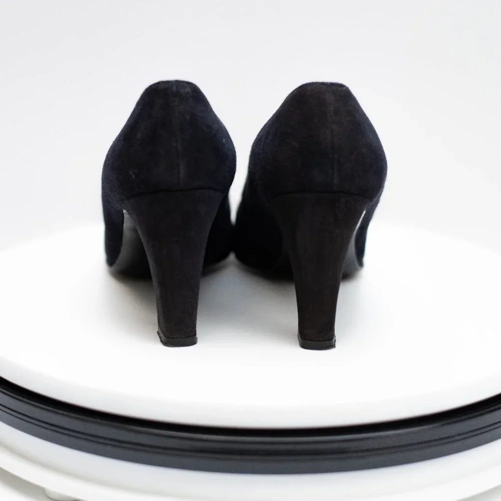 Vtg Saks Fifth Avenue Fenton Last Sued Leather Shoes Sz 9 Narrow Dark Blue Heels